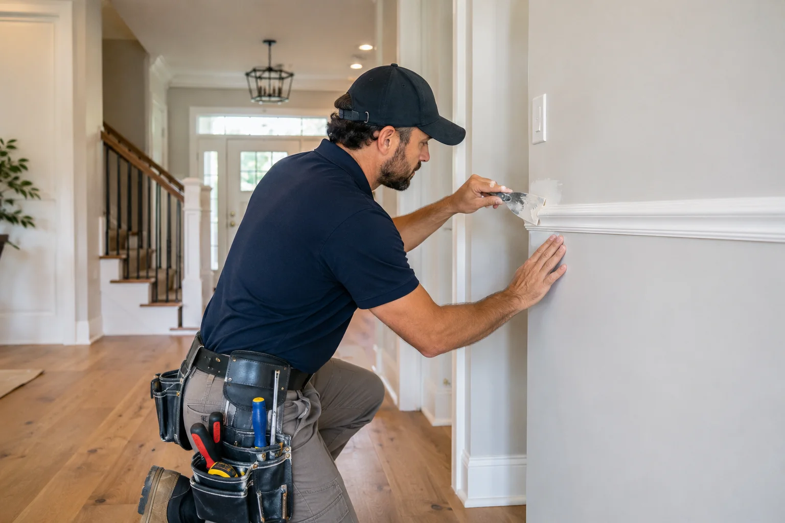 Handyman finishing a punch list in a clean Langley home before handover