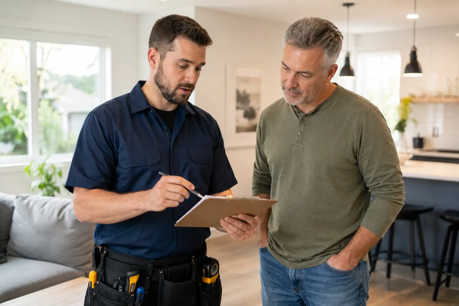 Handyman reviewing a home repair checklist with a homeowner in Langley
